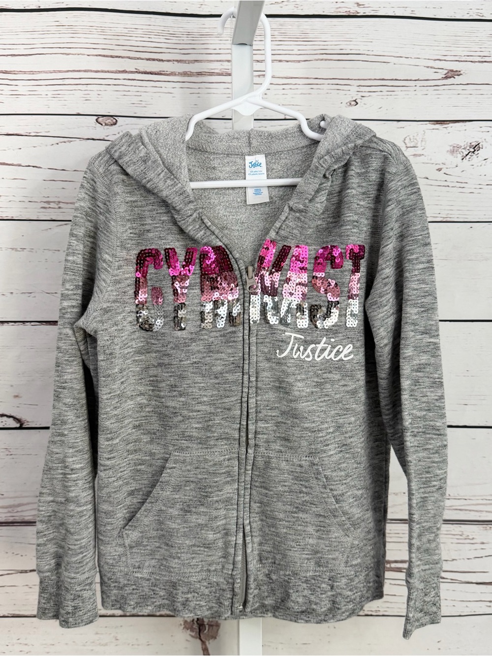 Justice Gray Zip Hoodie with Pink and Silver Sequin 'GYMNAST' Size 7